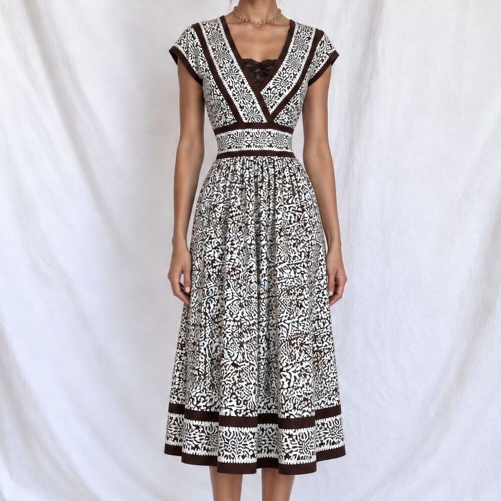 Vintage Y2K 90s Brown Blue Floral Knee Length Knit Boho A-Line Sundress Size M